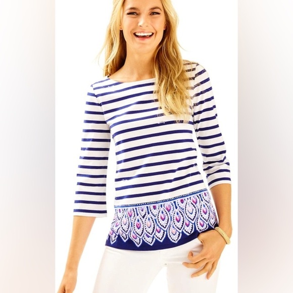 Lilly Pulitzer Waverly Top In Bright Navy Serene Stripe Size Medium Nautical - Picture 1 of 6